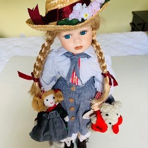 Collectible 17” Porcelain Doll Blond Girl & Blue Eyes Hat Baby Doll & Puppy Toy